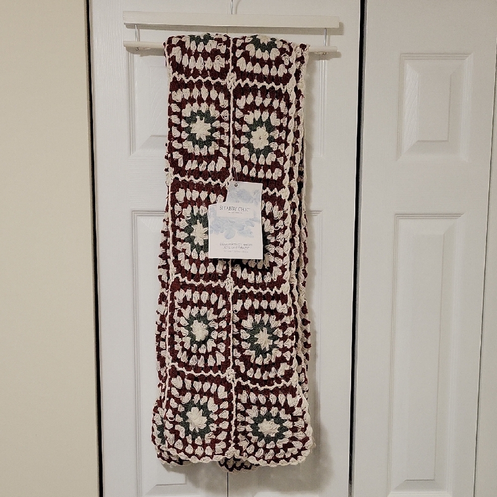 Shabby Chic Burgundy, Cream & Green Crochet Throw Blanket